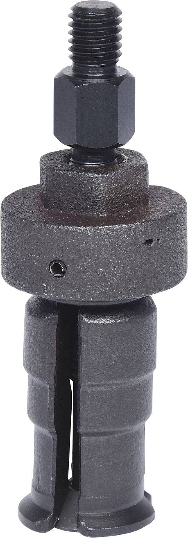 Metalowe narzędzie przypominające ściągacz, z gwintem u góry i czterema symetrycznymi szczękami na dolnym końcu.