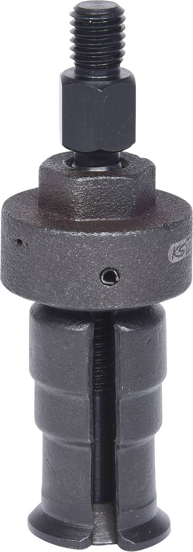 'Czarne metalowe narzędzie z gwintem śrubowym, prawdopodobnie ściągacz lub specjalistyczne narzędzie samochodowe do montażu części.'