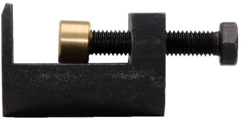 Czarne metalowe narzędzie z złotą śrubą. Wygląda jak imadło lub zacisk służący do mocowania przedmiotów.