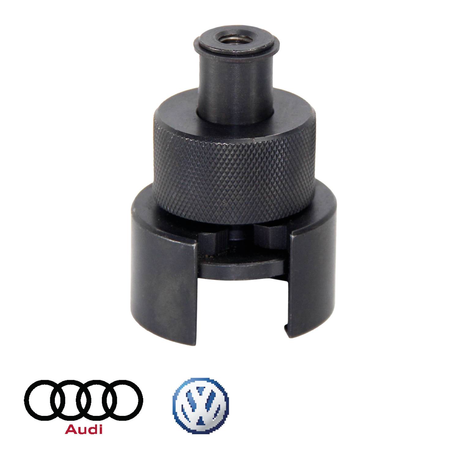 'Narzędzie do serwisowania samochodów Audi i Volkswagena, czarne, metalowe. Na zdjęciu widoczne są logo marek Audi i Volkswagena.'