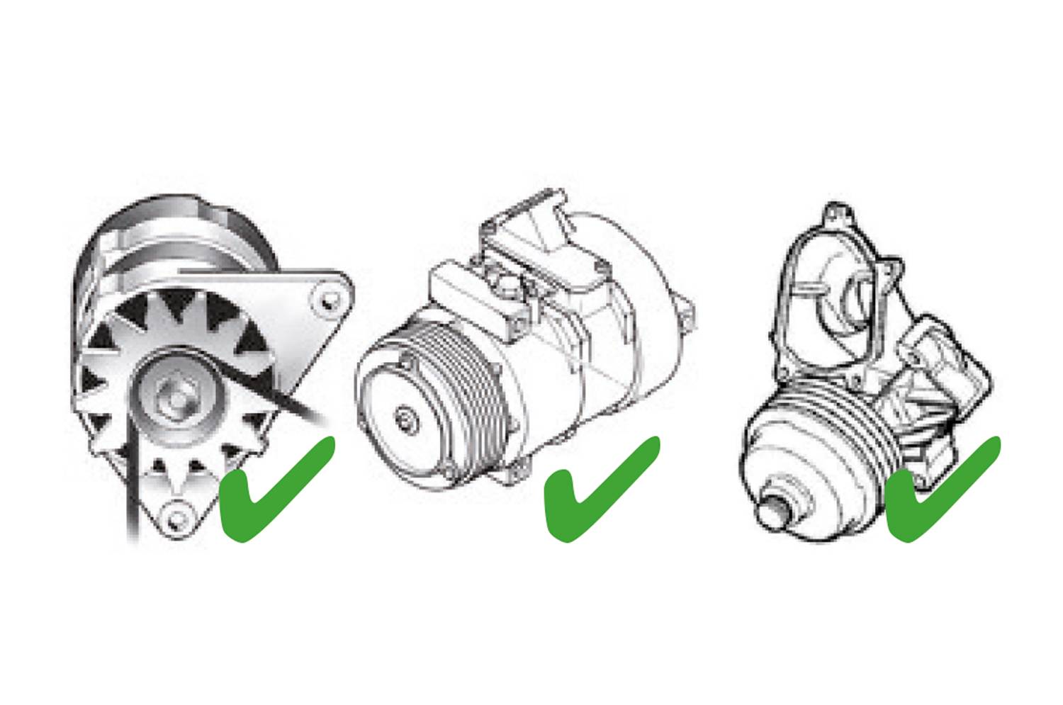 Rysunek trzech części samochodowych z zielonymi znacznikami pod spodem, wskazującymi ich kompatybilność lub prawidłowy wybór.
