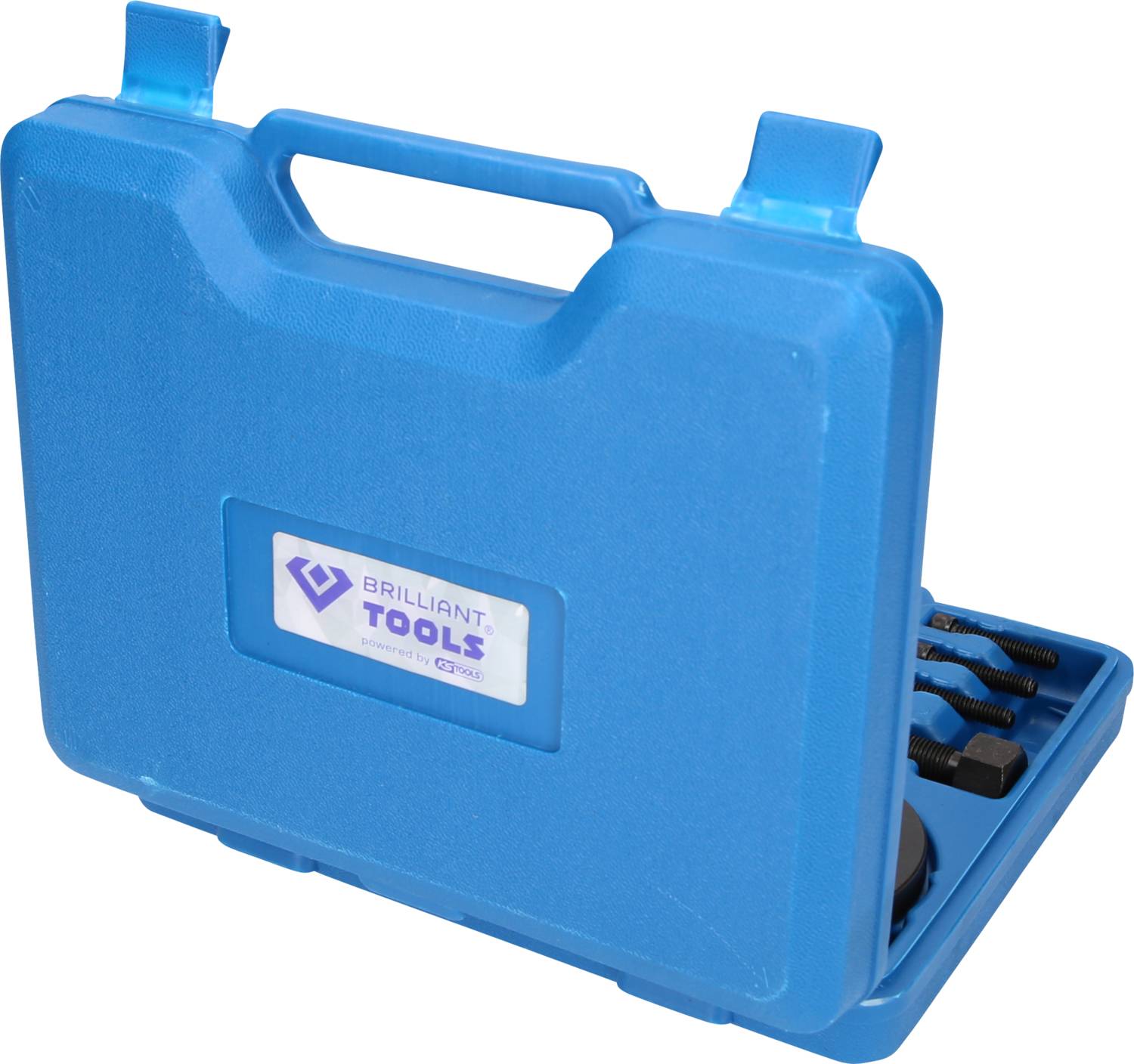 Niebieski walizka na narzędzia z uchwytem do przenoszenia. Widoczne logo 'BRILLIANT TOOLS'. W środku widoczne śruby i inne narzędzia.