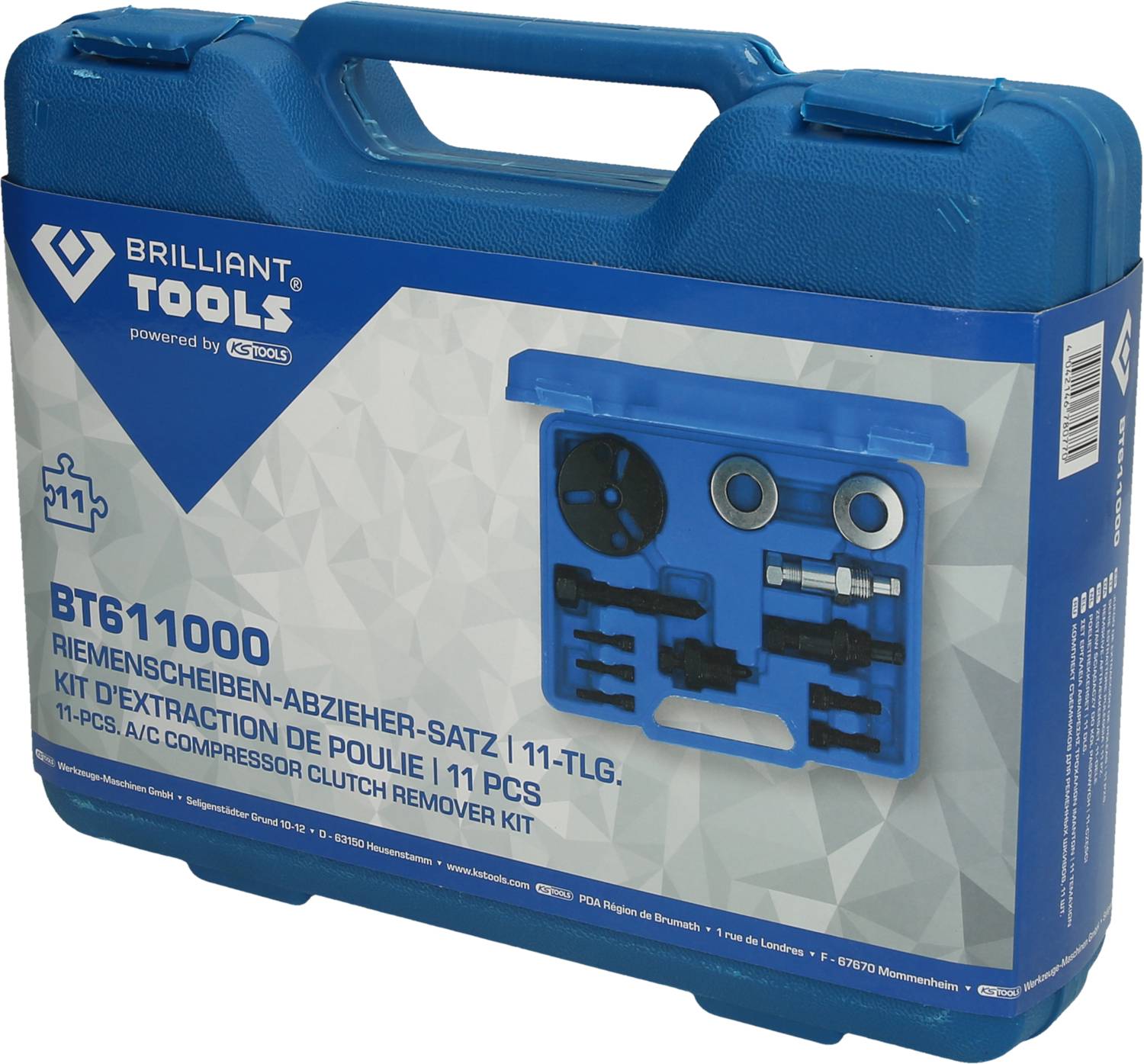 Niebieski kufer z zestawem ściągaczy do kół pasowych marki Brilliant Tools, 11-elementowy, przedstawiony z widokiem otwartej skrzynki narzędziowej.