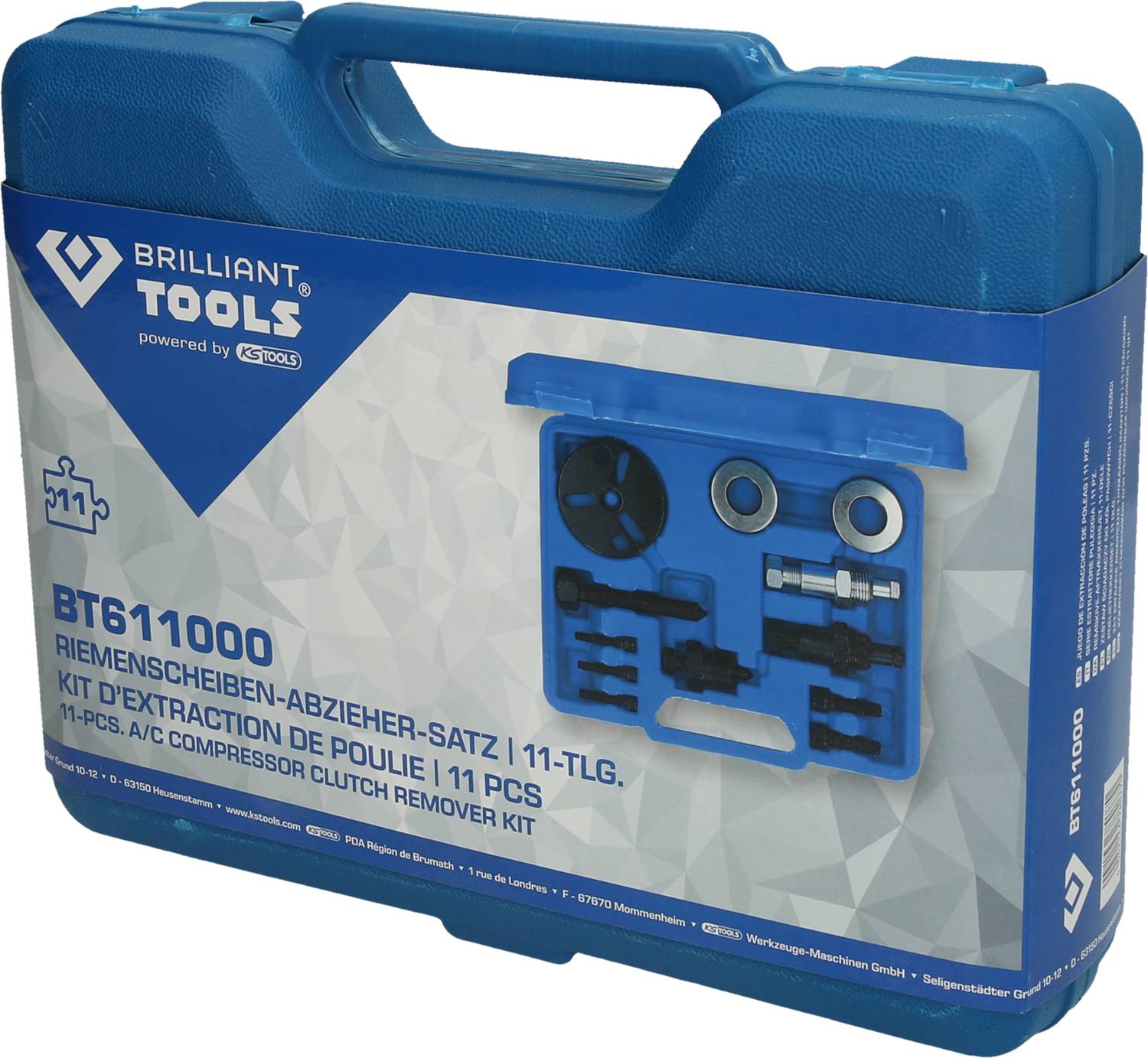 Niebieski kufer narzędziowy z 11-elementowym zestawem ściągaczy do kół pasowych. Zawiera różne metalowe narzędzia ukształtowane dospecyficznych części.