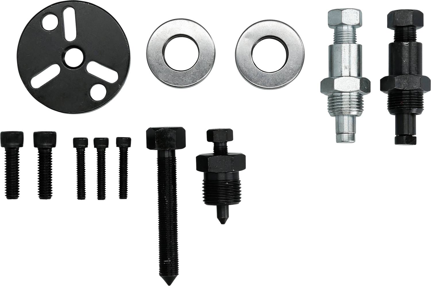 Zestaw elementów mechanicznych, w tym śrub, nakrętek i podkładek, ułożonych na białym tle.