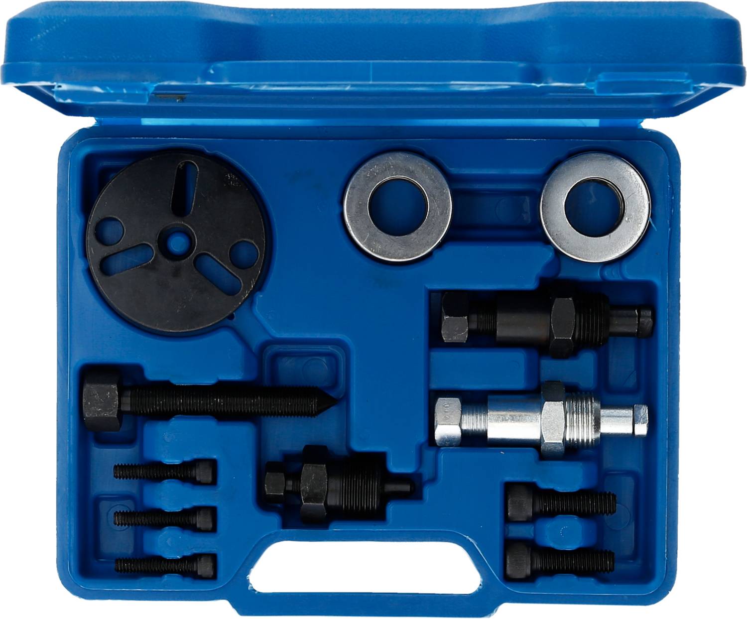 Niebieski plastikowy kufer z regulowanymi narzędziami samochodowymi: śruby, adaptery, płytki metalowe; do celów naprawczych i konserwacyjnych.