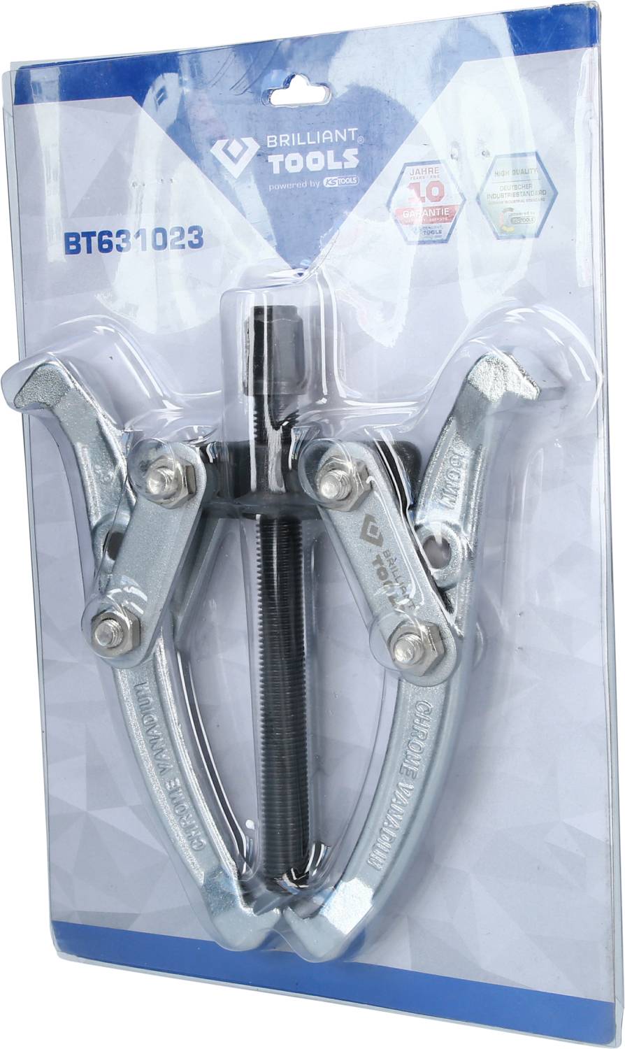 Dwuramienny ściągacz w opakowaniu firmy 'Brilliant Tools', numer modelu BT631023, z trzyletnią gwarancją.