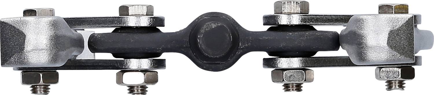 'Pionowo zorientowany element metalowego połączenia z nakrętkami i śrubami, prawdopodobnie przeznaczony do zastosowań technicznych lub przemysłowych.'