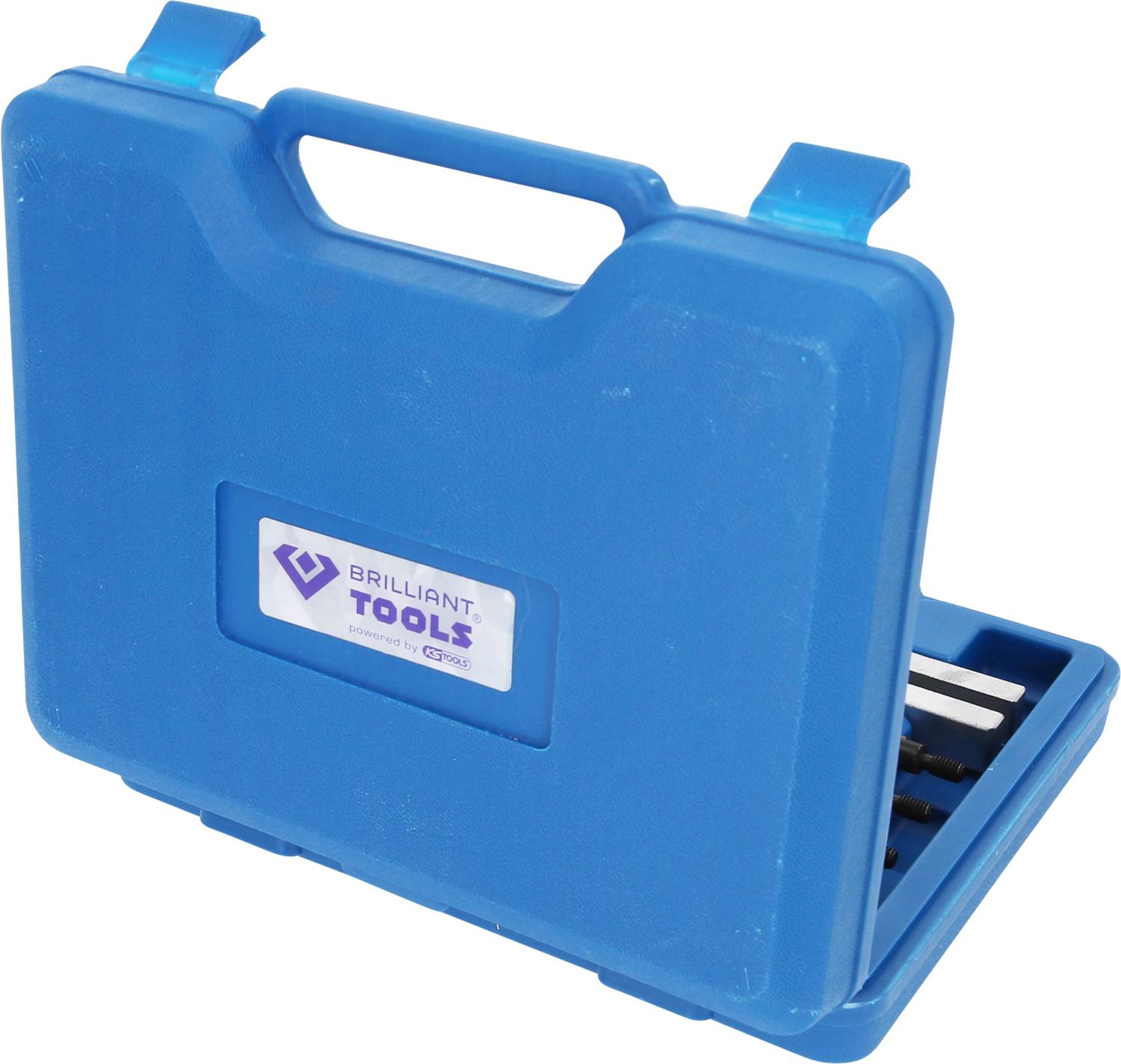 Niebieski kufer narzędziowy z logo 'Brilliant Tools'. Zawiera uporządkowane narzędzia.