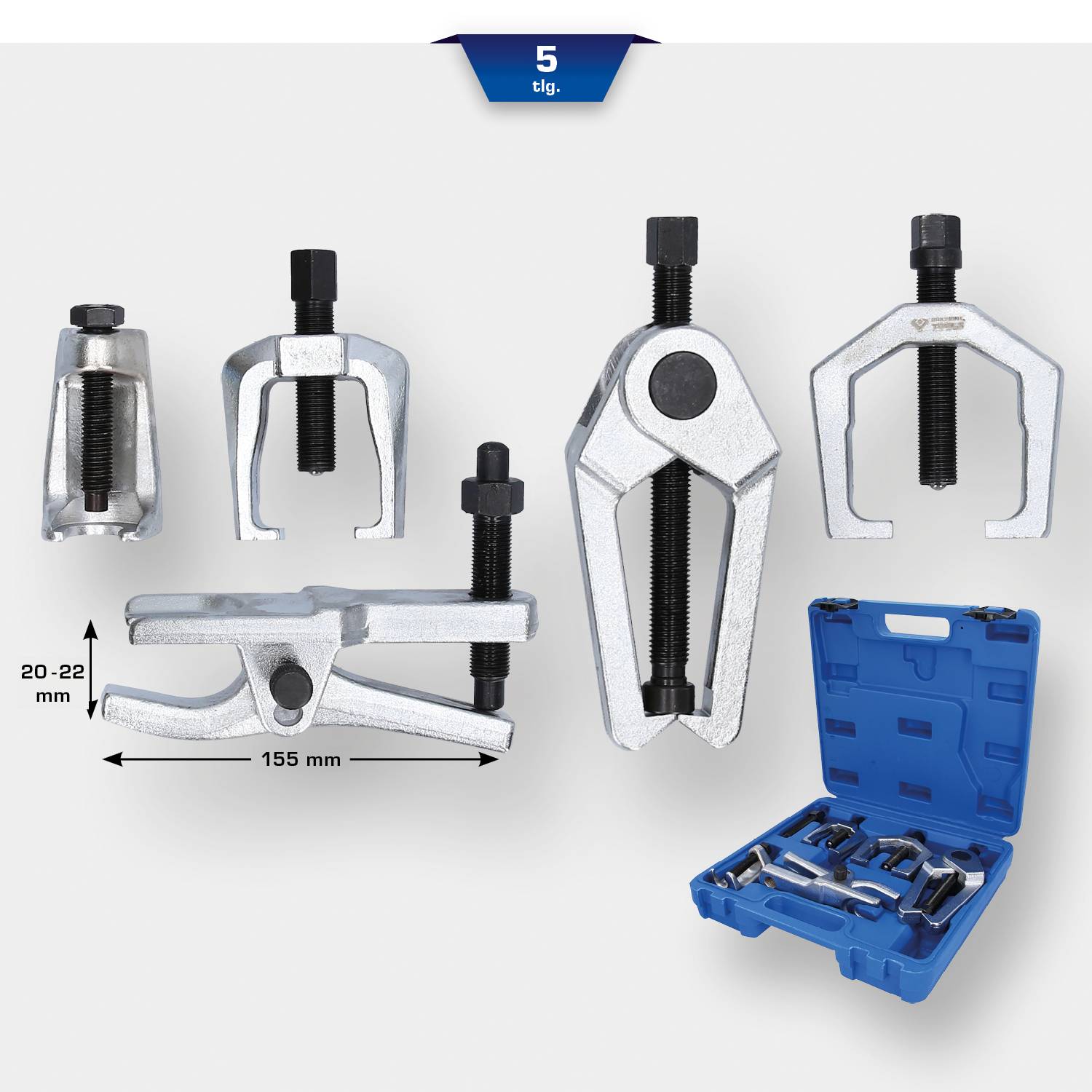 Zestaw narzędzi do ściągaczy warsztatowych składa się z pięciu elementów o różnych rozmiarach do prac mechanicznych, zapakowanych w niebieską plastikową walizkę.