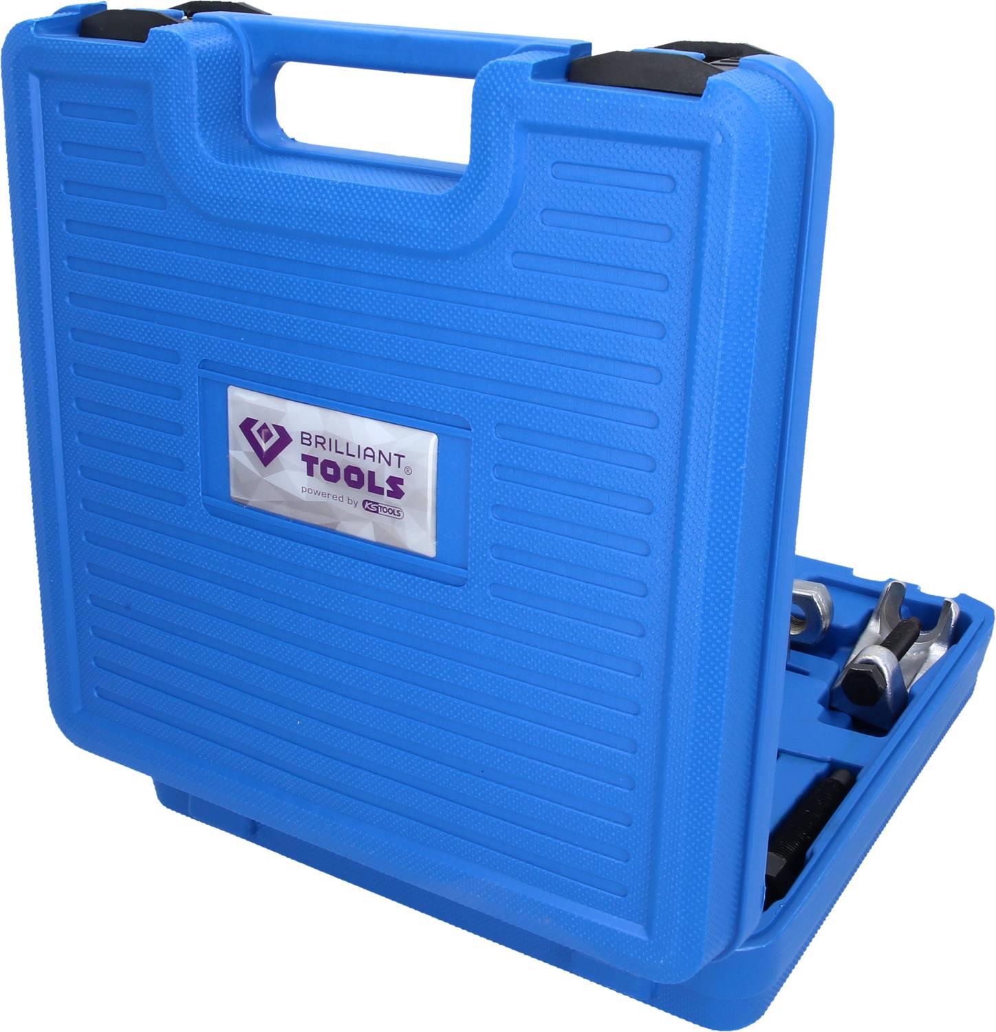 Niebieski plastikowy kufer z etykietą z logo 'Brilliant Tools'. Niektóre narzędzia są widoczne w otwartym kufrze.