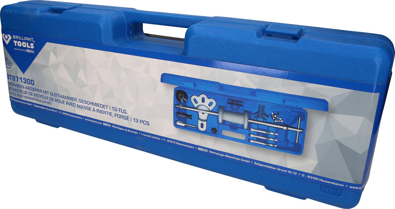 Niebieska skrzynka narzędziowa z uchwytem. Napis 'Gleithammer' i '13-częściowy'. Zawiera zestaw 13 narzędzi do naprawy.
