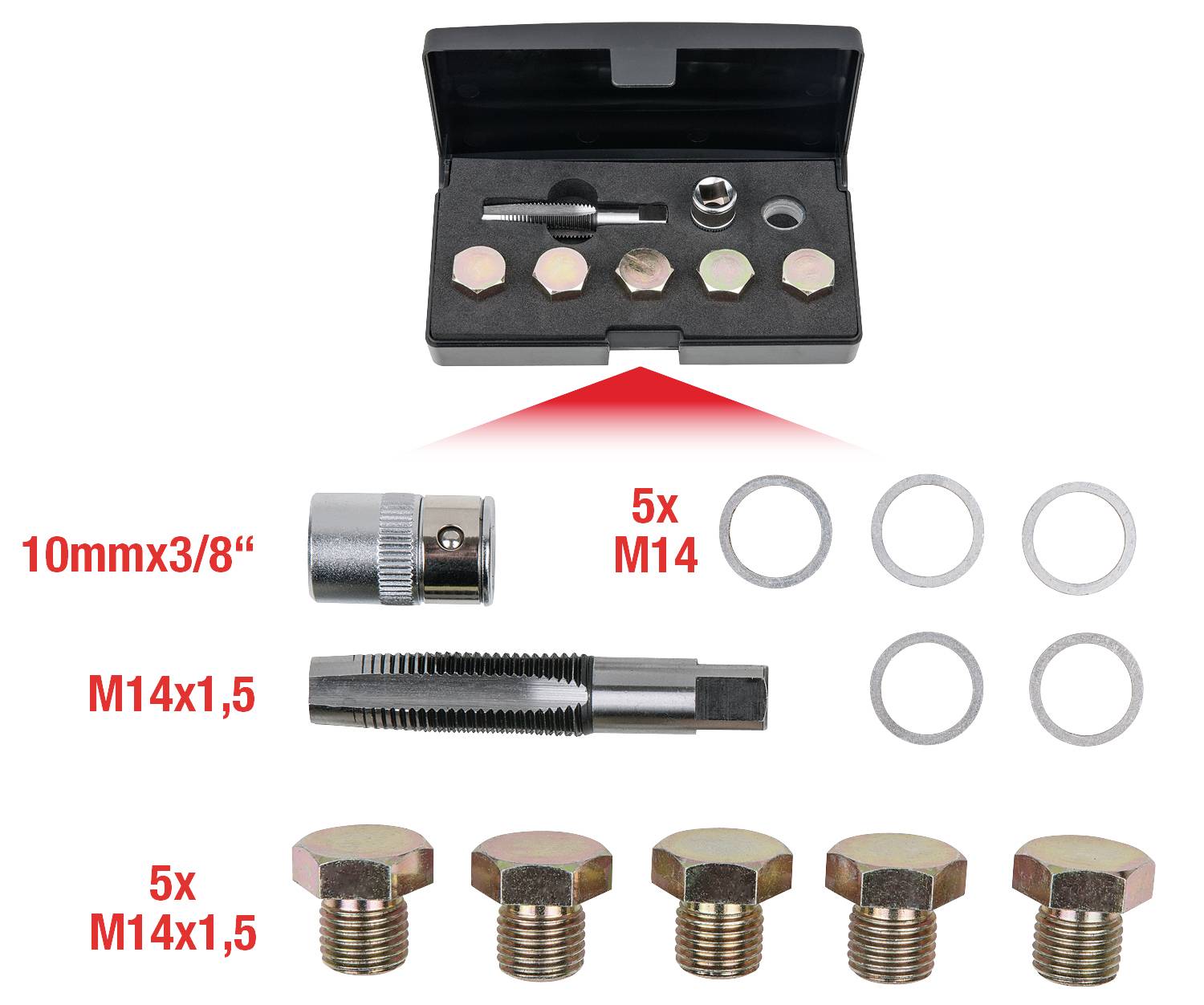 Zestaw do naprawy gwintów korków spustowych oleju: narzędzie do naprawy gwintu, 5 śrub M14x1,5, 5 uszczelnień M14, klucz nasadowy.