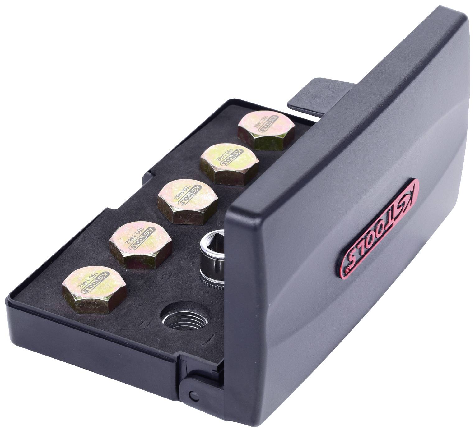 Czarna plastikowa skrzynka z sześcioma śrubami metalowymi i nakrętką w środku, której zamknięte przegródki bezpiecznie przechowują zawartość.