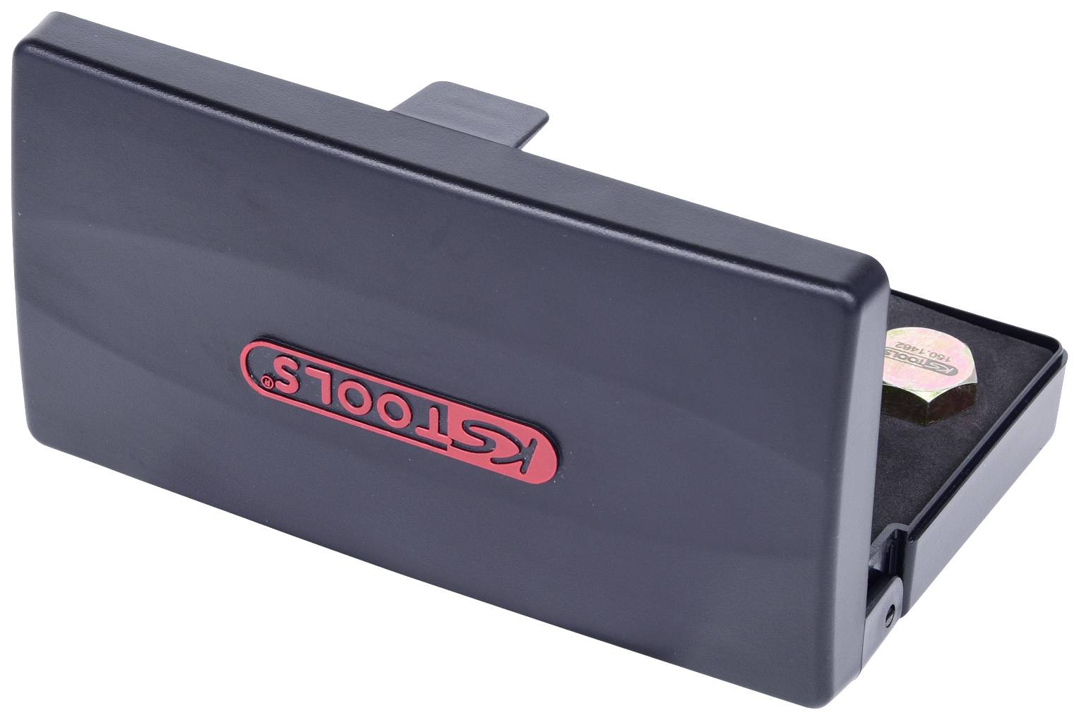 Czarne prostokątne pudełko z czerwonym logo 'KSTools'. Pudełko jest częściowo otwarte, ukazujące wagę wewnątrz.