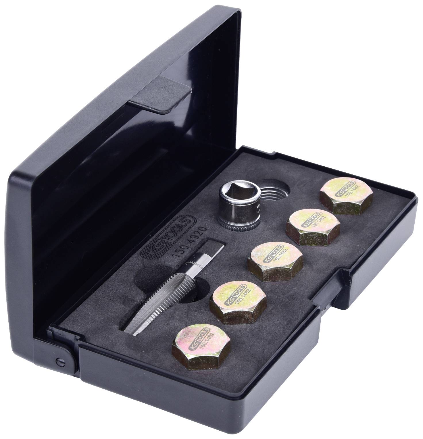 Otwarty czarny kufer zawiera pięć kolorowych nakrętek kół, klucz do nakrętek i adapter do zabezpieczania kół samochodowych.