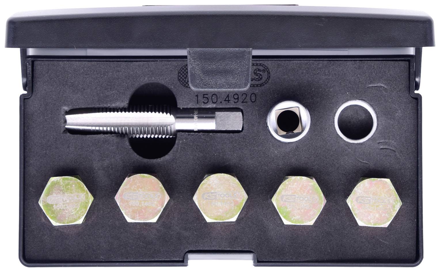 Zestaw sześciu narzędzi ślusarskich w czarnej walizce, zawierający gwintownik i pięć wkrętaków o różnych rozmiarach.