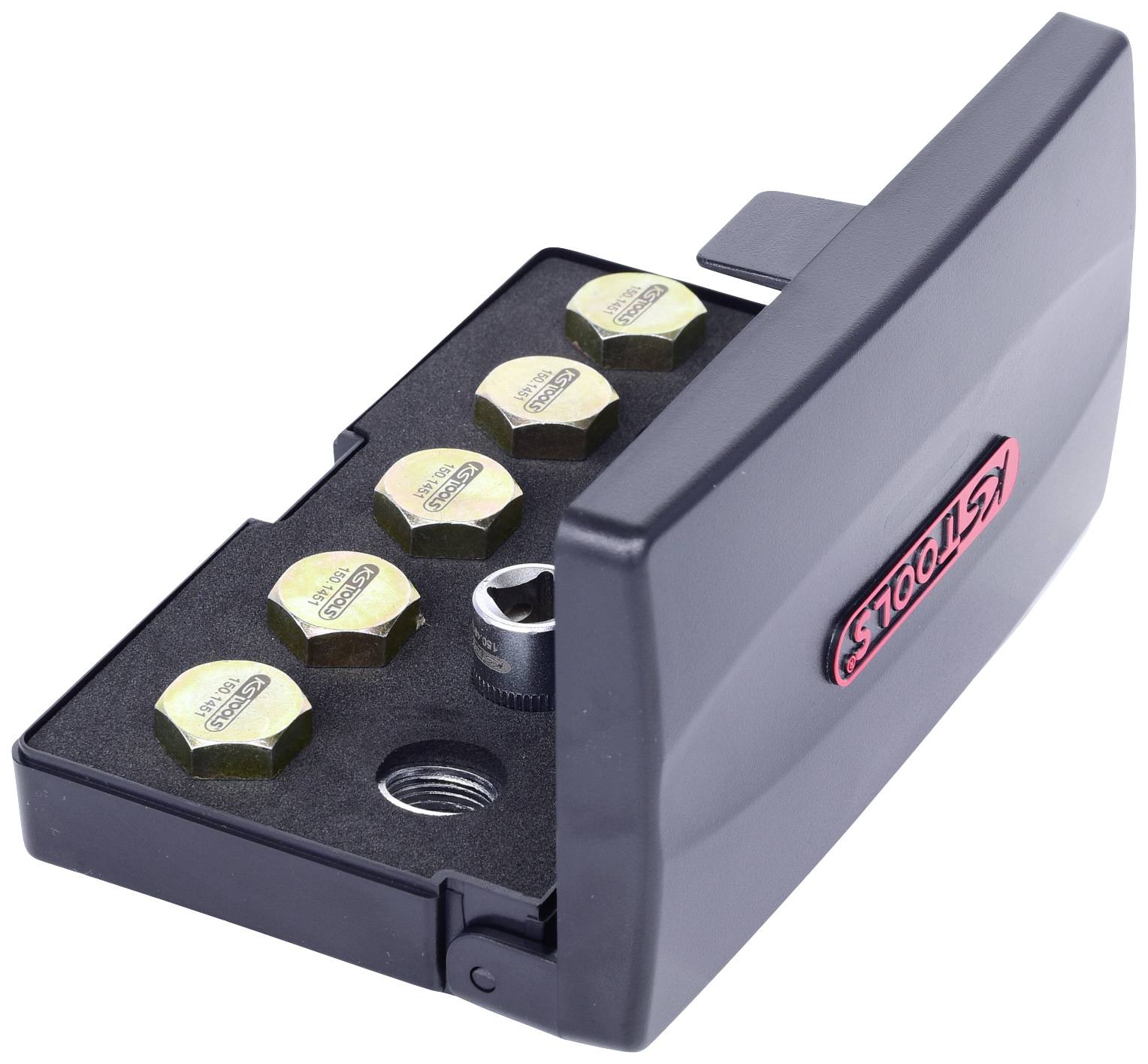 Skrzynka narzędziowa z otwartą pokrywą prezentuje sześć złotych nakrętek i klucz płaski.