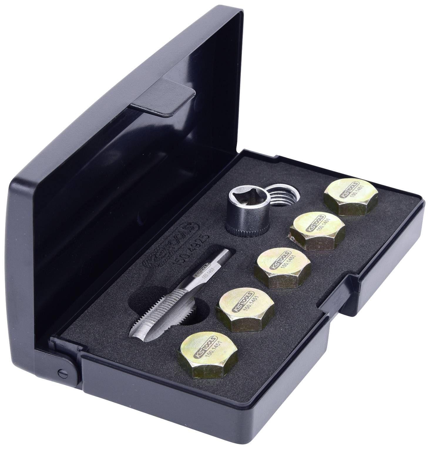 Otwarty czarny kufer z sześcioma złotymi nakrętkami kół, pierścieniem, adapterem oraz kluczem do zabezpieczenia przed kradzieżą.