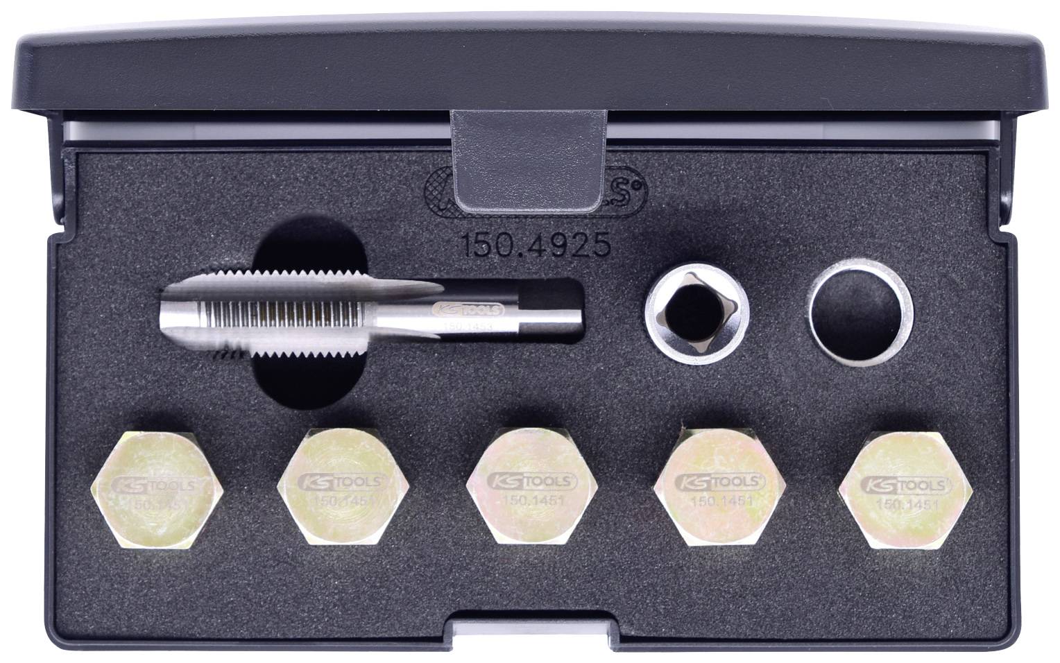 Zestaw narzędzi samochodowych w pudełku, włącznie ze śrubami i gwintownikiem.