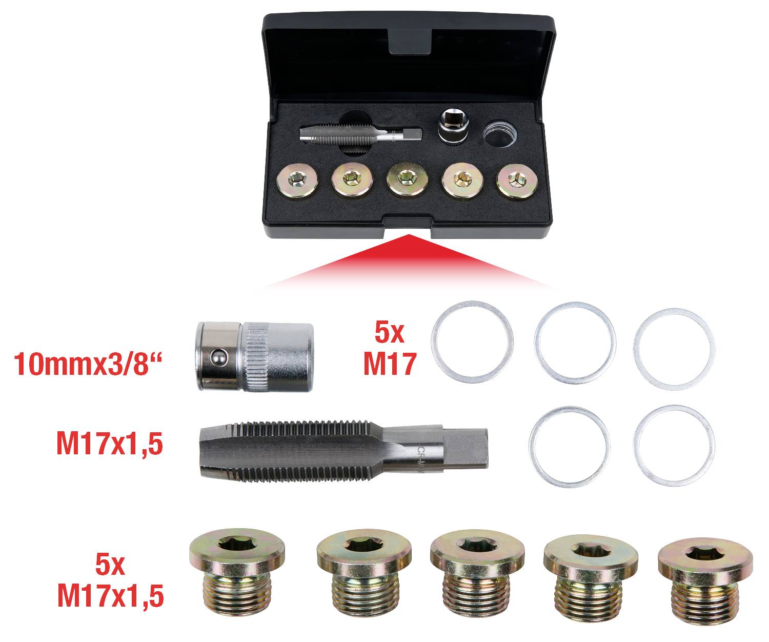 Zestaw narzędzi do naprawy gwintów, w tym wkładek i pierścieni, ułożony w czarnym pudełku.
