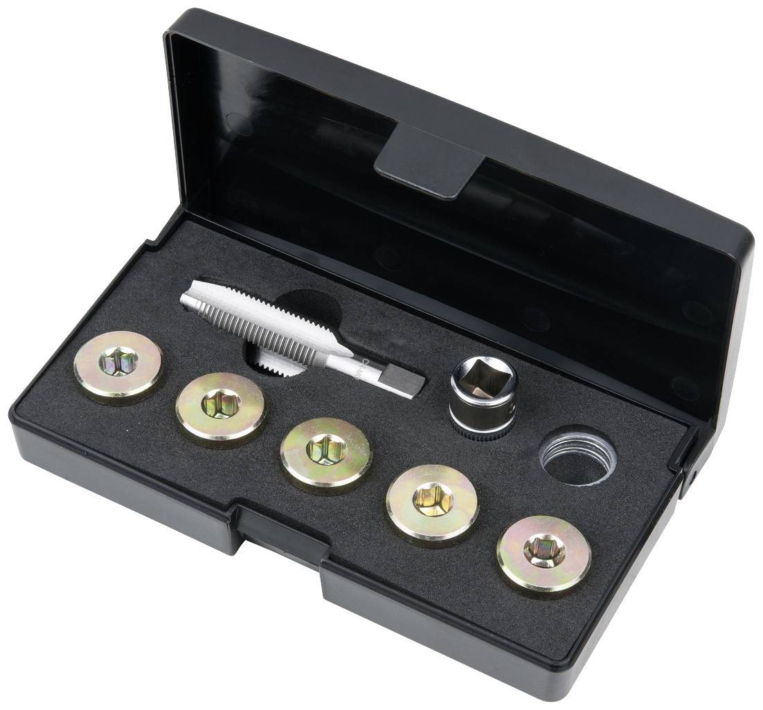 Zestaw do usuwania blokad kół pojazdu w czarnym pudełku. Sześć adapterów i narzędzie do demontażu zabezpieczeń felg.