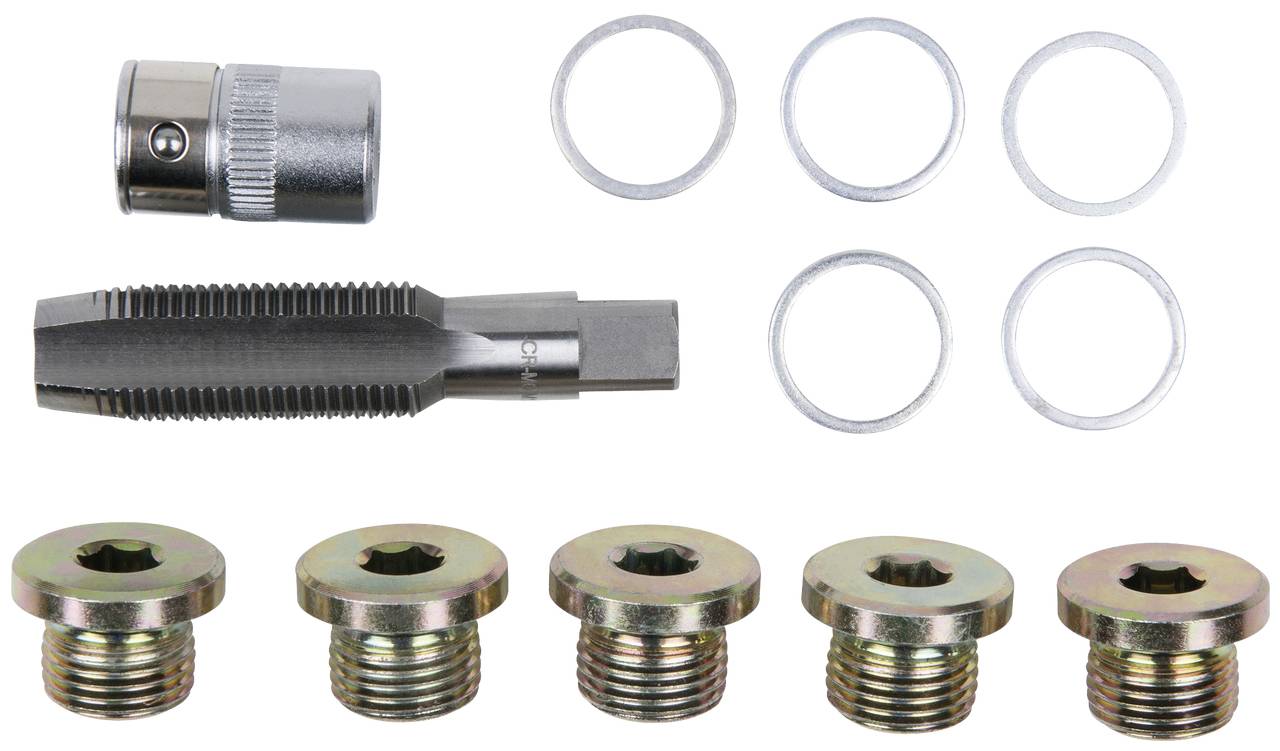 Zestaw gwintownika z narzynkami i pięcioma pasującymi śrubami. Sześć podkładek w górnym rzędzie.