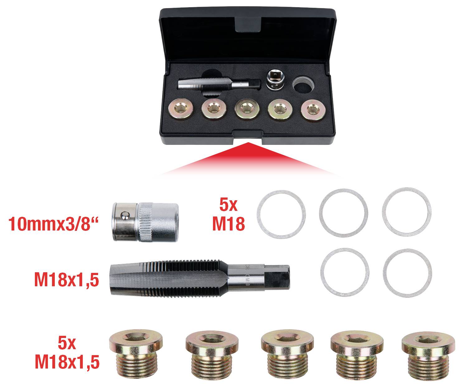 Zestaw odpowietrzający z pięcioma pierścieniami adaptera M18, gwintownikiem M18x1,5 oraz adapterem 10mm x 3/8" w czarnym pudełku.