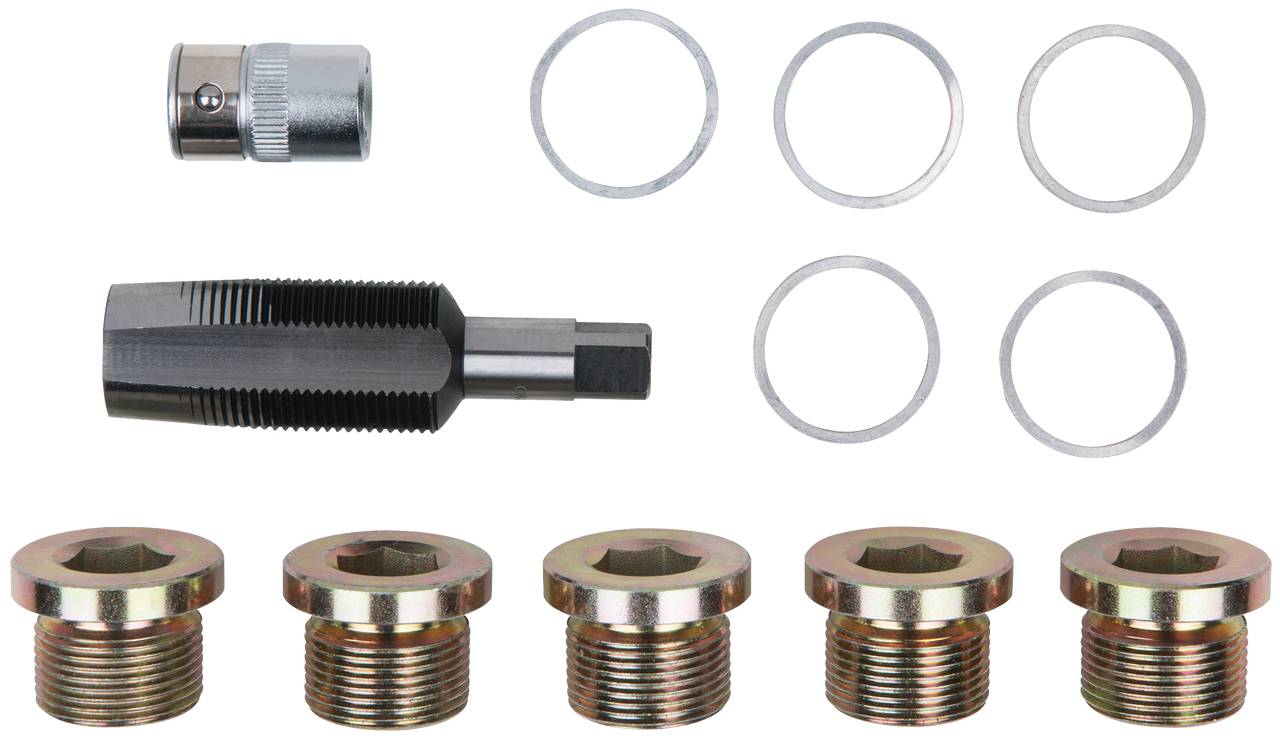 Zestaw składający się z sześciu podkładek, pięciu śrub i narzędzia do montażu tarczy łańcuchowej. Zaprojektowany do napraw rowerów.