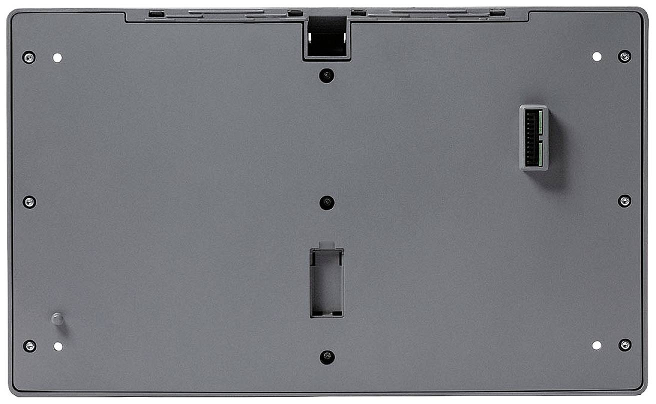 Tylna strona urządzenia elektronicznego z wieloma punktami mocowania i złączami.