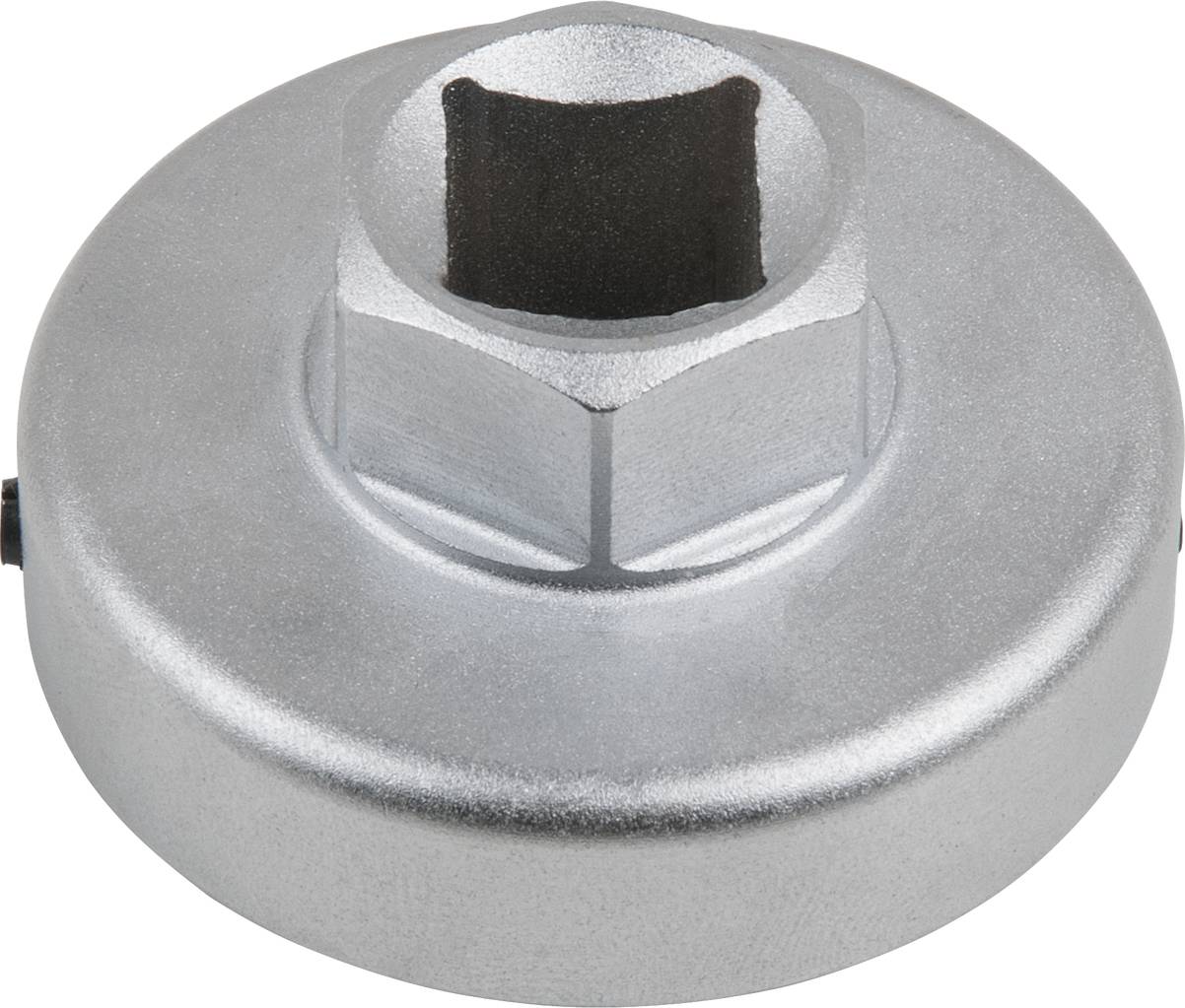 Metalowe narzędzie do montażu lub demontażu filtrów oleju, okrągłe, z zintegrowanym gniazdem czworokątnym do zamocowania innego narzędzia.