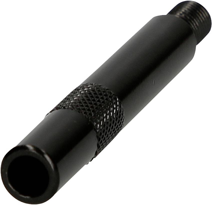 Czarny adapter z rowkowaną rączką i gwintem na końcu, stosowany do łączenia dwóch rur lub przewodów w zastosowaniach technicznych.