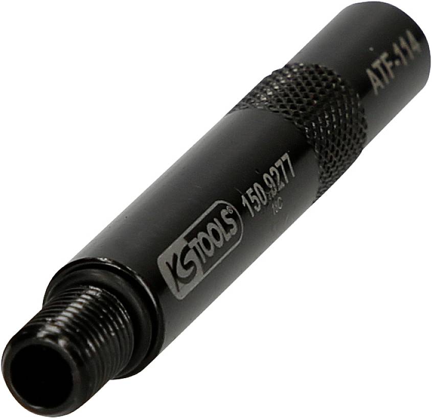 Czarny metalowy adapter z gwintem, oznaczony napisami 'KS TOOLS' i 'ATF-114', prawdopodobnie akcesorium warsztatowe lub maszynowe.