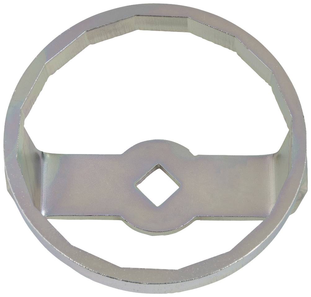 Srebrne, ośmiokątne narzędzie metalowe z kwadratowym otworem pośrodku, prawdopodobnie służące do dokręcania lub odkręcania śrub lub nakrętek.