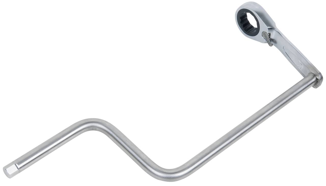 Klucz pierścieniowy z długą, wygiętą rękojeścią. Wykonany głównie z metalu, przeznaczony do trudno dostępnych połączeń śrubowych.