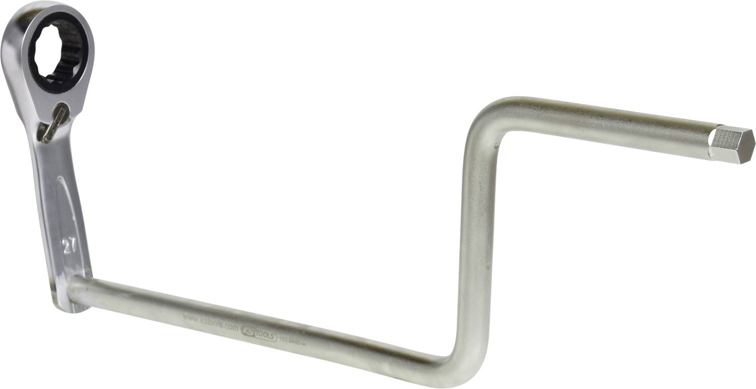 Klucz kątowy z żłobkowanym uchwytem i mechanizmem zapadkowym na jednym końcu, przydatny do obracania śrub i nakrętek w trudno dostępnych miejscach.