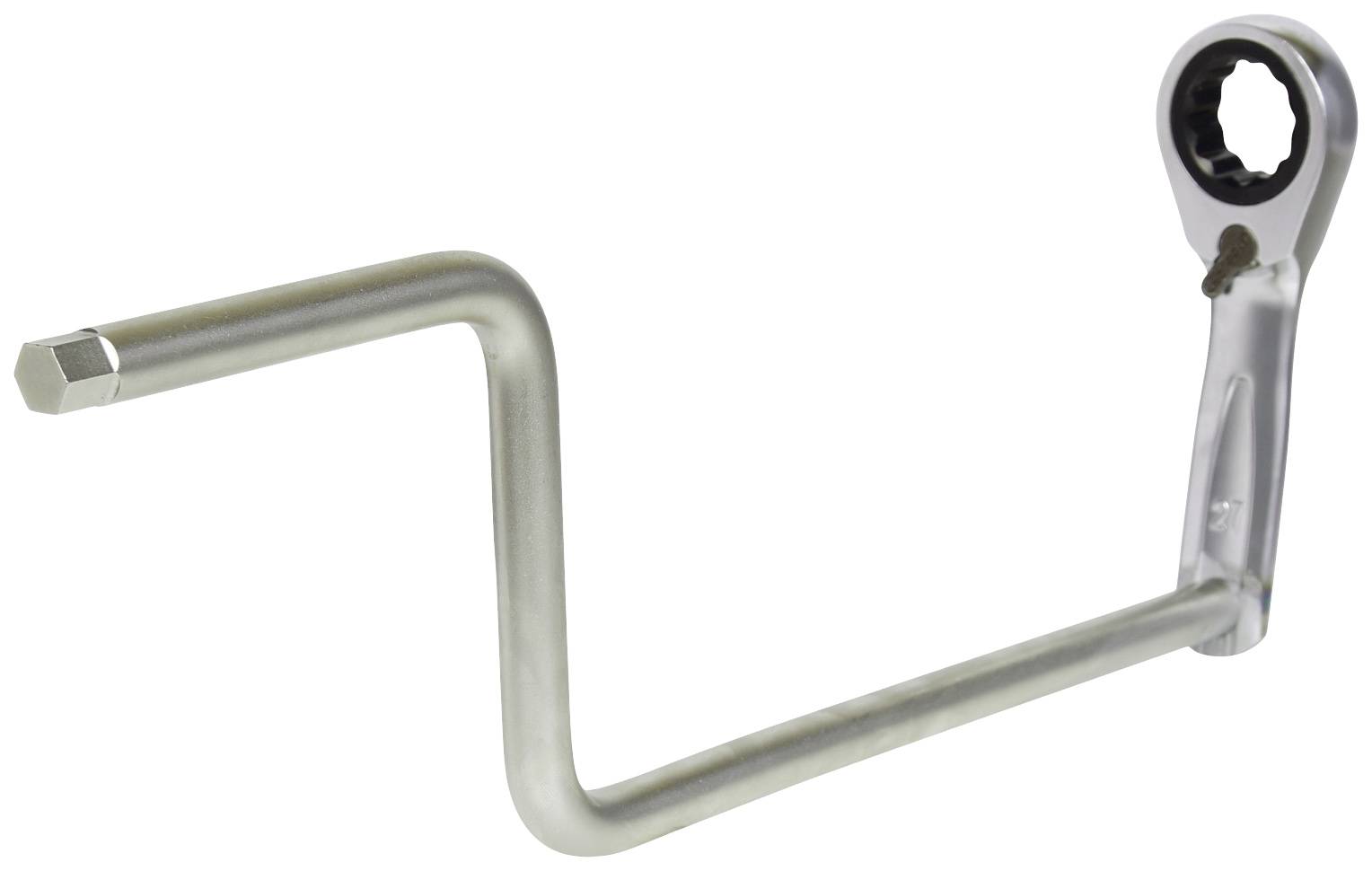 Sześciokątny klucz płaski w kolorze srebrnym, z giętą rączką i mechanizmem zapadkowym, przeznaczony do dokręcania lub odkręcania śrub w trudno dostępnych miejscach.