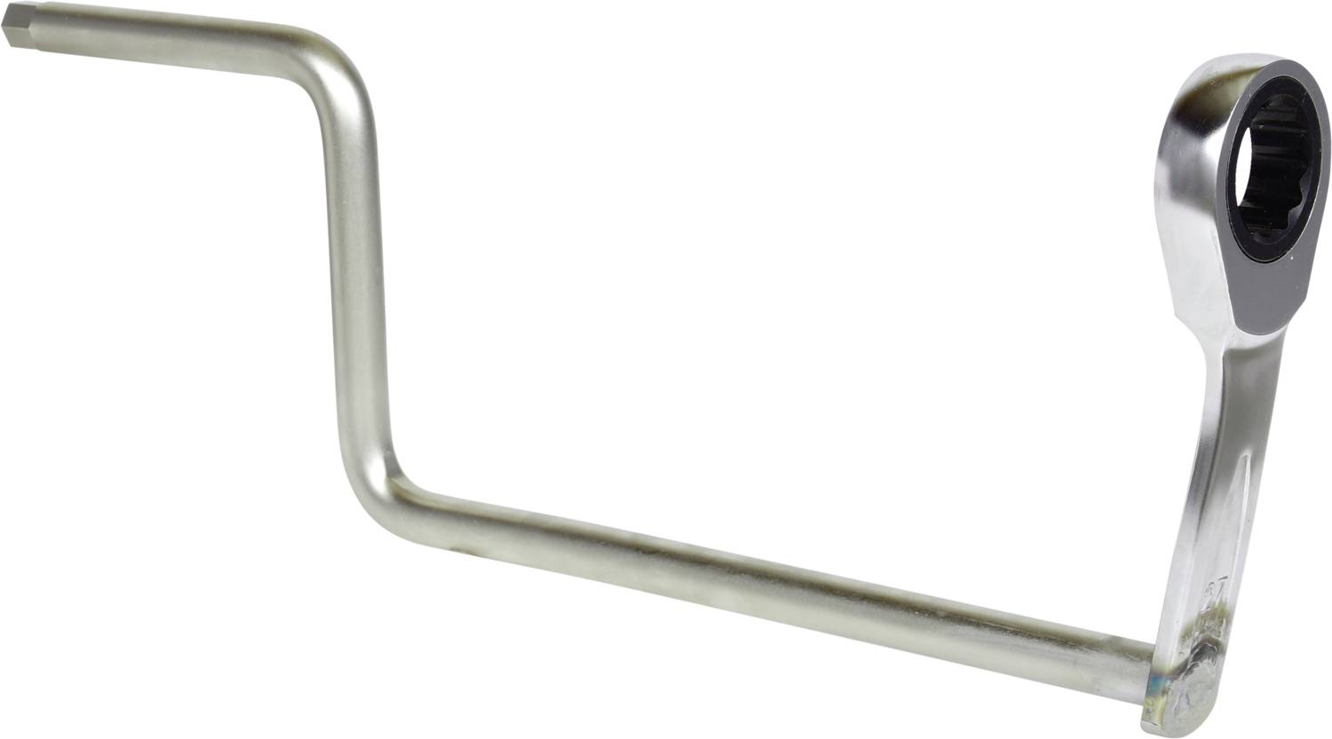 Srebrny klucz płasko-oczkowy z prostokątnym ramieniem dźwigni, przymocowany do kółka. Idealny do łatwego dokręcania śrub w trudno dostępnych miejscach.