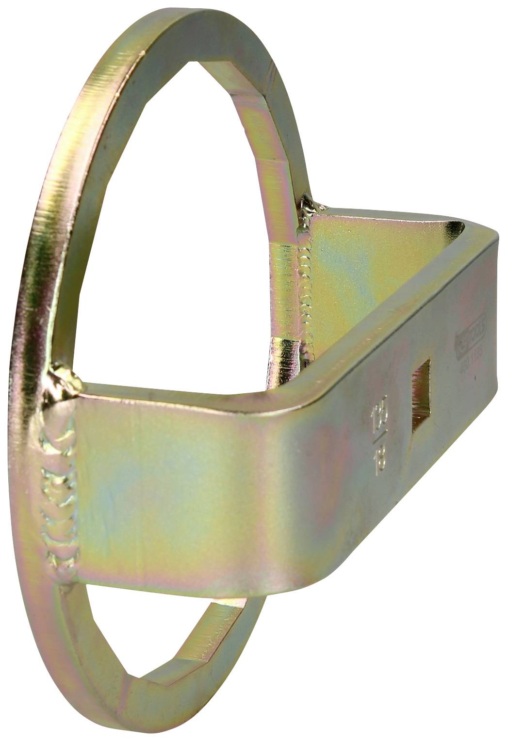 Metalowy klucz w kształcie pierścienia z prostokątnym uchwytem, widziany z boku, o połyskliwym, wielobarwnym wykończeniu.