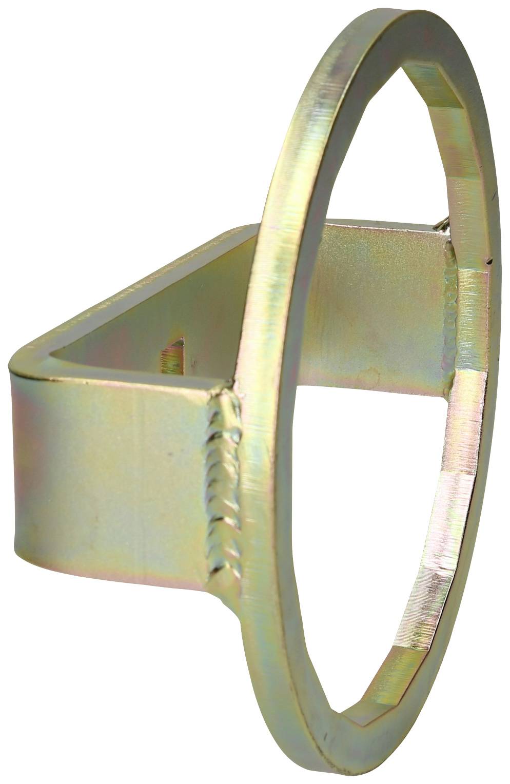 Metalowy pierścień z przyspawana prostokątną ramką. Powierzchnie są metalicznie połyskliwe i lekko odbijają światło.