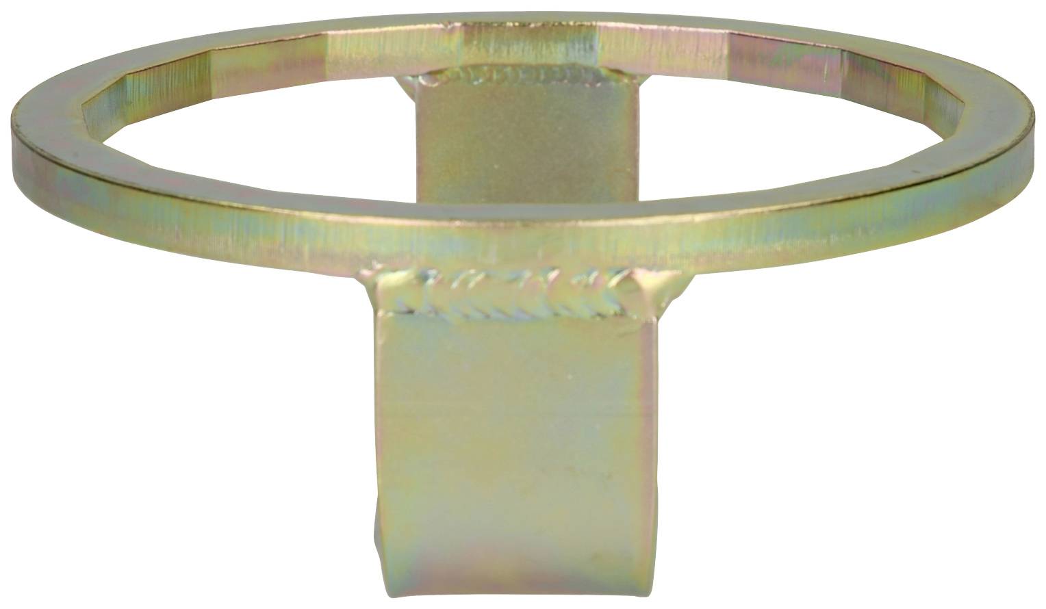 Metalowy, pierścieniowy stojak z lśniącą, tęczową powłoką.