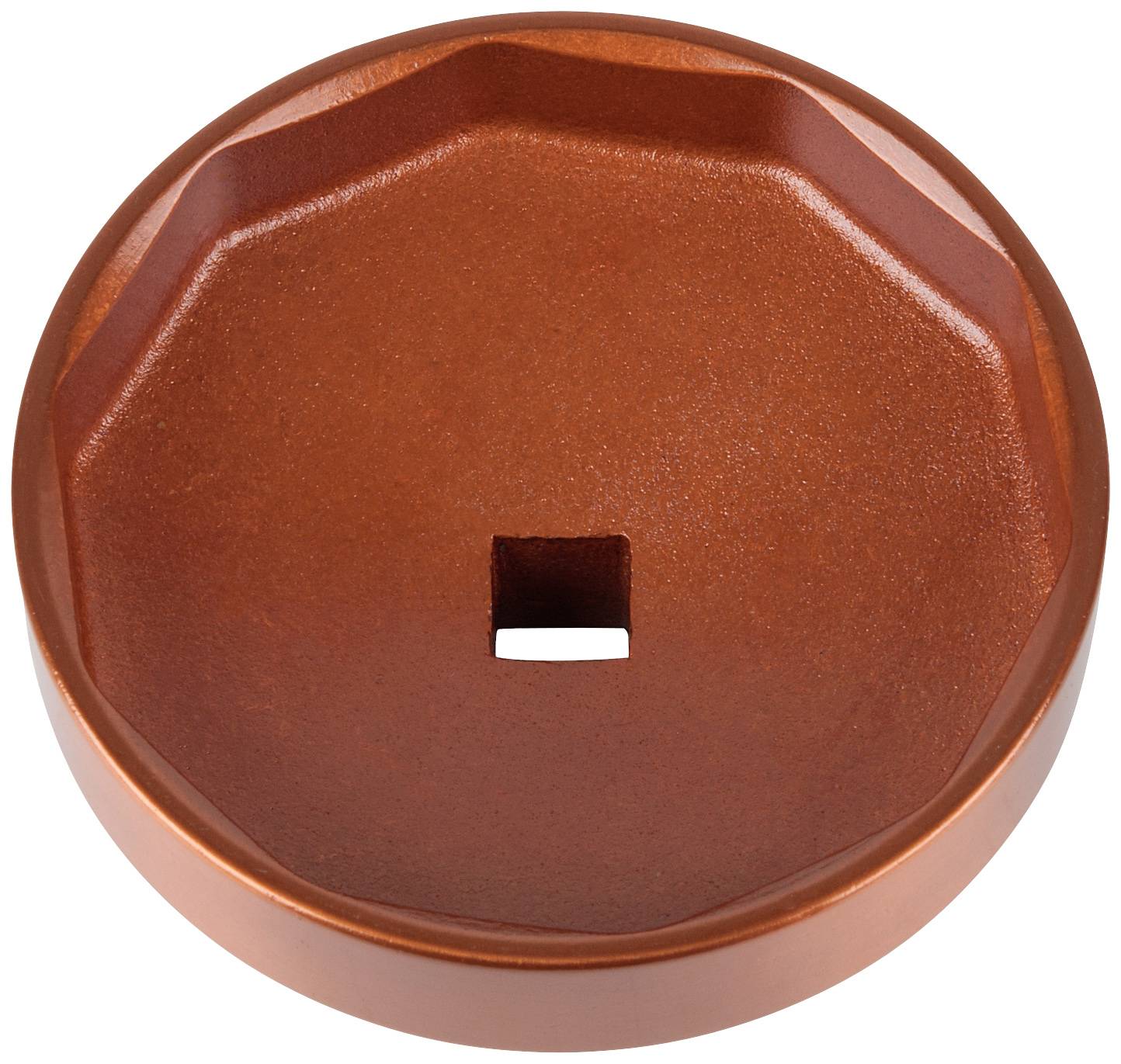 Okrągła, pomarańczowa, ośmiokątna tarcza z małym kwadratowym otworem pośrodku.