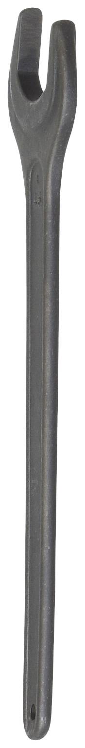 Czarny klucz płaski z otwartym końcem, odpowiedni do odkręcania lub dokręcania śrub i nakrętek.