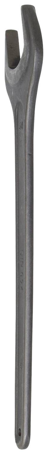 Metalowy klucz płaski z rozwartymi szczękami, przeznaczony do odkręcania lub dokręcania śrub i nakrętek.