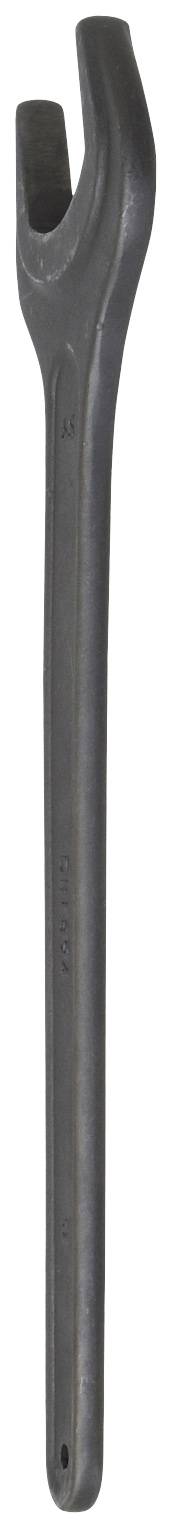 Długi, metalowy klucz narzędziowy z wygiętym końcem, przydatny do odkręcania nakrętek lub śrub.