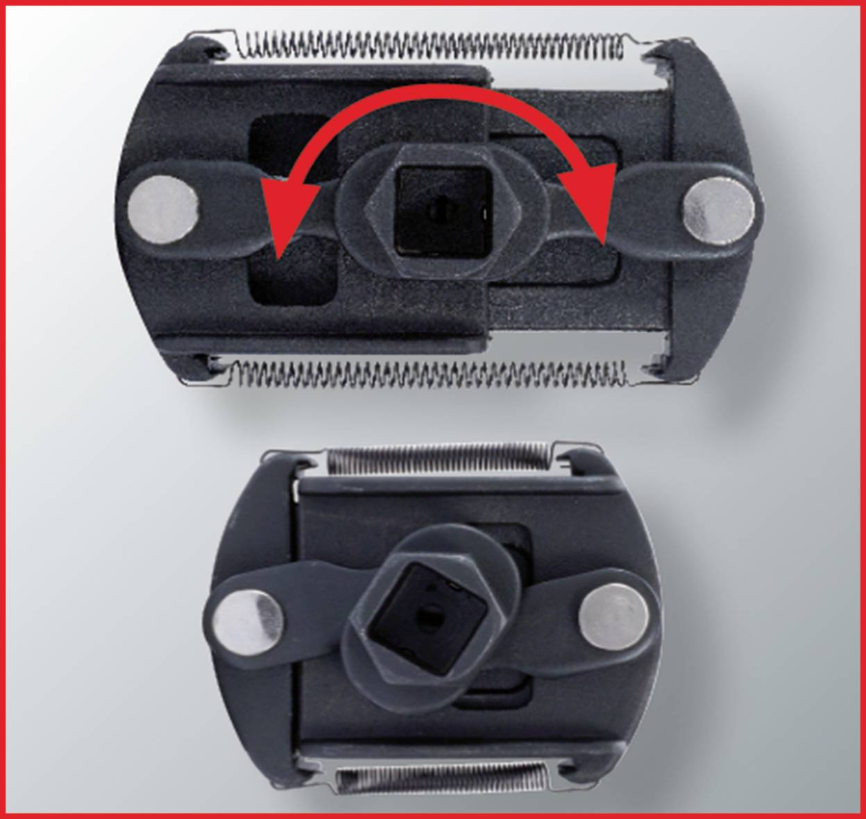 Głowica golarki pokazana z góry i z dołu, z czerwoną strzałką demonstrującą zmianę kierunku ostrza.