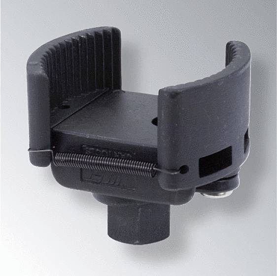 Czarno-szara podstawka na narzędzia z żłobkowaną, elastyczną powierzchnią chwytną i regulowanym rozmiarem.