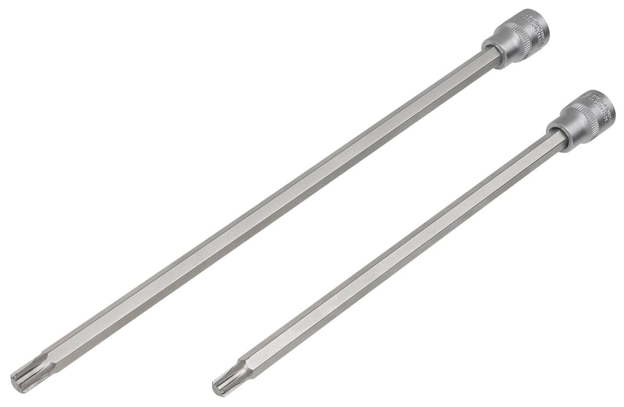 Dwa srebrne wkrętaki Torx z długimi trzonkami i żłobkowanymi uchwytami na białym tle.