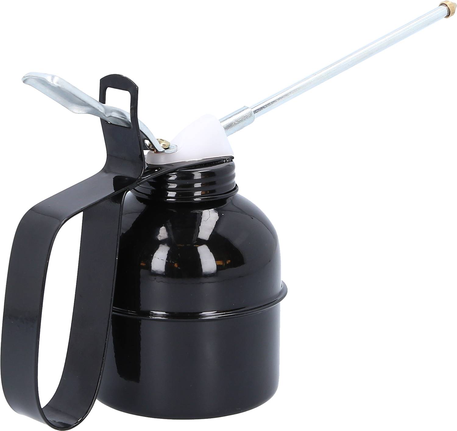 Czarny metalowy olejniczek z długim wylewem i uchwytem, używany do precyzyjnego smarowania maszyn lub narzędzi.