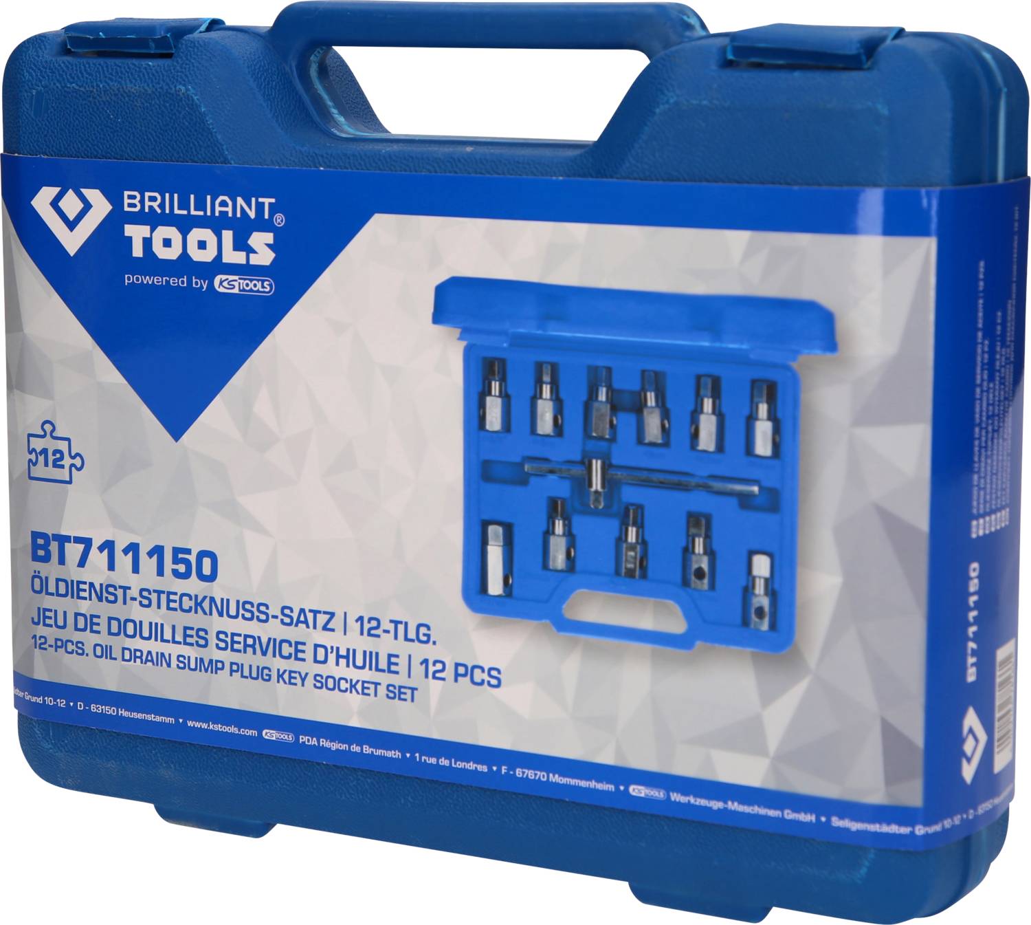 Niebieski kufer narzędziowy z napisem 'Brilliant Tools', zawierający 12-częściowy zestaw nasadek do wymiany oleju.